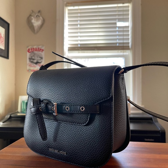 Michael Kors Emilia Black Pebbled Leather Saddle Crossbody Bag - Picture 2 of 7